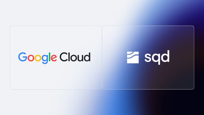 The image displays the logos of "Google Cloud" and "sqd" side by side, visually representing the newly announced partnership where SQD will provide validated blockchain datasets for Google Cloud's BigQuery web3 Blockchain Analytics service.