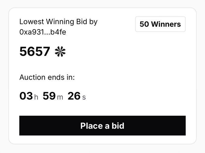Auction interface showing 'Lowest Winning Bid by 0xa931...b4fe' at 5657, '50 Winners', with a countdown timer of '03h 59m 26s' remaining and a 'Place a bid' button.