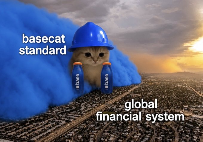 A colossal cat wearing a blue hard hat labeled "basecat standard" looms over an expansive cityscape marked "global financial system," clutching two jars labeled "base." The meme humorously suggests that $BASECAT is the towering, hard-hatted guardian backing the financial system.