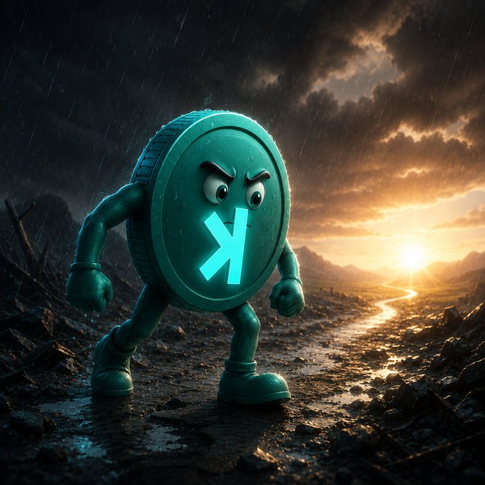 A teal Kaspa ($KAS) coin character with an angry expression and clenched fists stands resiliently in a dark, rain-soaked landscape, facing toward a bright sunrise on the horizon—symbolizing perseverance through tough market conditions to reach the next bull cycle. The glowing "K" symbol on its body reinforces the "#kaspa" branding and the message of "keep stacking" through the boring part.