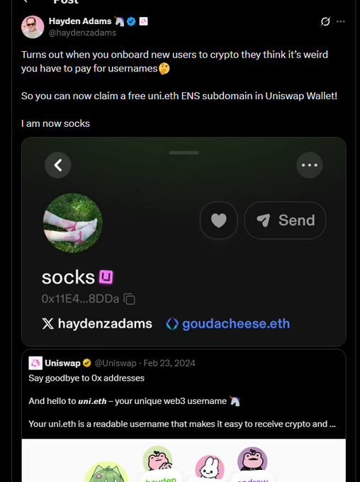Hayden Adams shares that he claimed a free "socks.uni.eth" ENS subdomain through Uniswap Wallet, displaying his profile with the ENS username "goudacheese.eth" and a screenshot of the Uniswap announcement about offering free .uni.eth subdomains. The image connects to the post's reference to $SOCKS, as Adams' newly claimed "socks" username is tied to the SOCKS token community.