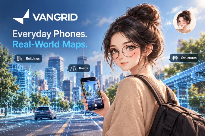 A "VANGRID" promotional graphic titled "Everyday Phones. Real-World Maps." featuring an illustrated anime-style woman holding a phone with a city map, surrounded by labels for "Buildings", "Roads", and "Structures".
