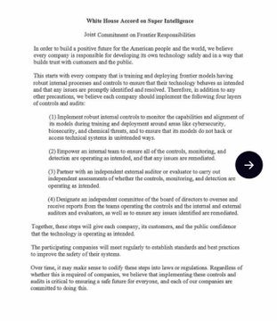 The image shows a public statement titled "White House Assured on Super Intelligence" - a Joint Commitment on Frontier Responsibility, where a company pledges ethical AI development principles including implementing controls, monitoring, managing risks, and designating a board committee to oversee responsible AI practices.