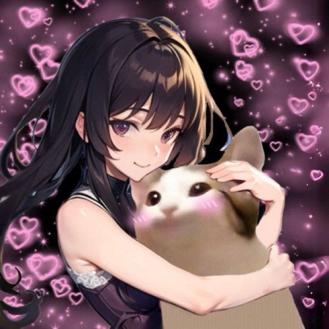 An anime-style girl with long black hair lovingly hugs a fluffy cream-colored cat with pink cheeks, surrounded by glowing pink hearts and sparkles. The image ties to the post by depicting a cute, stylized cat reminiscent of the POPCAT meme character, likely serving as inspiration for 3D or Roblox model creation using Higgsfield AI.
