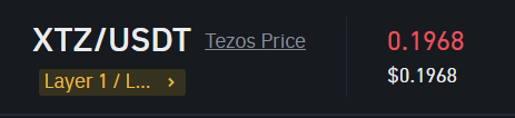 A price ticker display showing "XTZ/USDT Tezos Price" at 0.1968 ($0.1968), categorized under Layer 1.