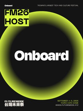 A neon-themed poster for an event titled 'FM26 HOST Onboard', described as 'TAIWAN'S LARGEST TECH AND CULTURE FESTIVAL' taking place on September 4-6, 2026 in Taipei.