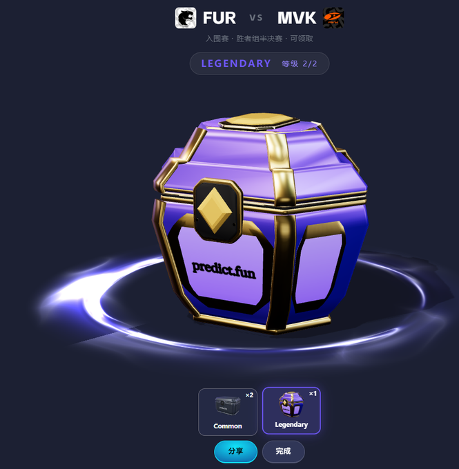 A purple and gold "predict.fun" Legendary treasure chest (Level 2/2) from the FUR vs MVK match glows with a bright blue aura, representing a rare loot box reward. The accompanying post celebrates opening such a Legendary chest on day one, highlighting the 5-tier rarity system where this top-tier box promises the highest USDT payouts among the blind box rewards.