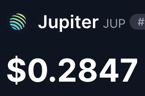 A dark screen displays the Jupiter cryptocurrency logo and ticker 'JUP' alongside a price of '$0.2847'.