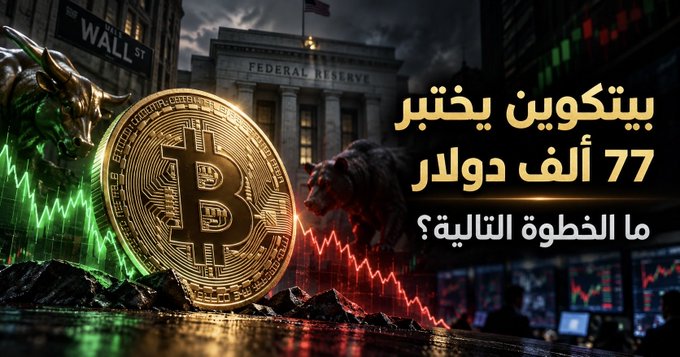 A cryptocurrency news thumbnail featuring a large Bitcoin coin in front of the Federal Reserve building with a Wall Street bull statue, displaying Arabic text reading 'بيتكوين يخترق 77 ألف دولار - ما الخطوة التالية؟' (Bitcoin breaks through $77,000 - What is the next step?).