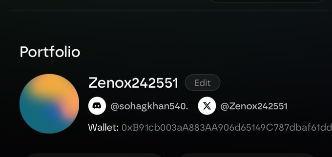 A digital portfolio profile displays the username "Zenox242551," an edit button, social handles @sohagkhan540. and @Zenox242551, and a wallet address beginning with "0xB91cb003aA883AA906d65149c787dbaf61dd."