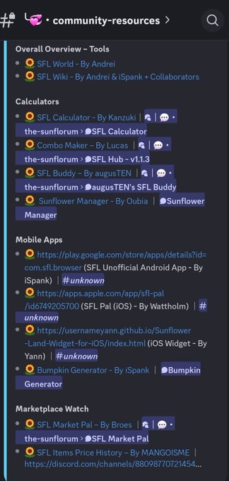 Discord #community-resources channel listing SFL tools, calculators, mobile apps, and marketplace resources with various developer credits.
