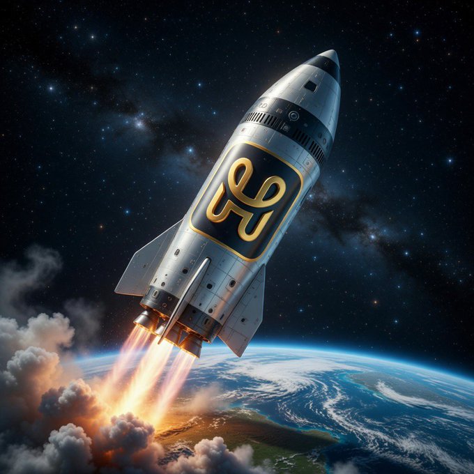 A rocket emblazoned with a gold "HBAR" symbol launches into a starry sky above Earth, symbolizing the rapid ascent of the Hedera network. The dynamic image reinforces the post's message that HashPack serves as a launchpad gateway to the Hedera ecosystem.