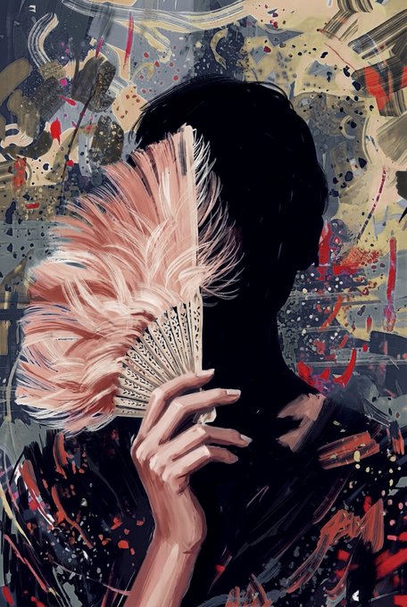 An artistic painting depicting a person in silhouette holding a large pink and white feathered fan that obscures their face, set against a chaotic background of splattered colors.