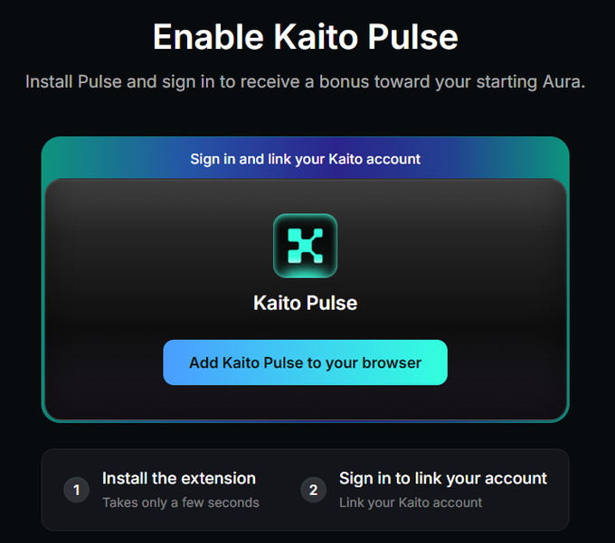 The image shows a promotional page for "Enable Kaito Pulse," instructing users to install the Pulse extension and sign in to link their Kaito account for a bonus toward starting Aura, with steps labeled "Install the extension" and "Sign in to link your account." This relates to the post's concern by illustrating how Kaito Pulse is presented as a simple browser extension for sign-in, while the post's author questions why such a tool would be tracking extensive financial data (wallet balances, futures positions, PnL, and transaction histories across multiple exchanges) as well as AI subscriptions—suggesting the "sign in and link" process may enable broader data collection than the user-friendly interface implies.