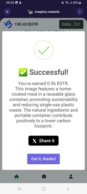 A mobile screenshot from snapbox.website shows a 'Successful!' confirmation for earning 0.96 B3TR, praising a home-cooked meal in a reusable glass container for promoting sustainability and reducing single-use plastic waste.