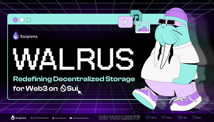 The image features a cartoon walrus standing in front of a computer screen with the text "Walrus" displayed above its head, and "Redefining Decentralized Storage for Web3 on SuiPiens". The cartoon walrus is wearing sunglasses and has a hat on its head. The post also mentions that there are two people who like the image, which suggests it might be related to a discussion or review about the post's content.