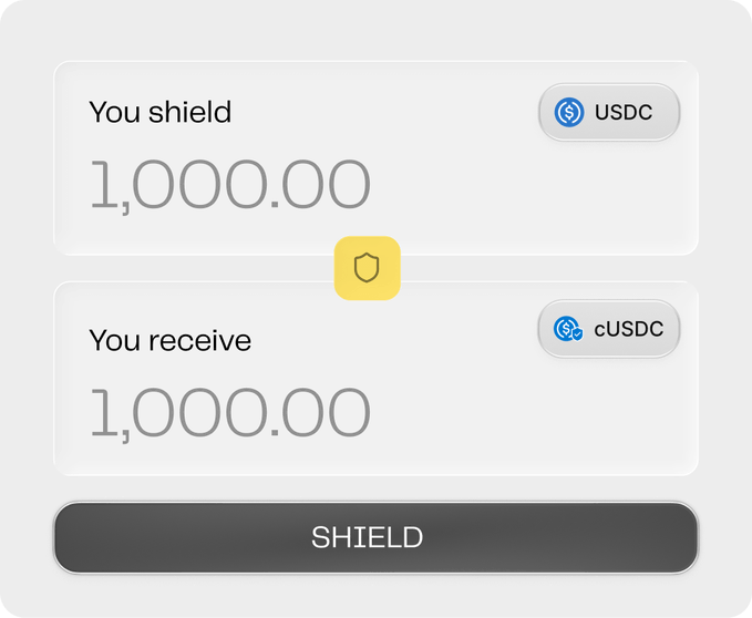 A 1,000 USDC to cUSDC shielding interface on zama.org, showing a "You shield" field with 1,000.00 USDC converting to "You receive" 1,000.00 cUSDC above a SHIELD button. The interface visually reinforces the post's message about bringing onchain privacy to stablecoin balances by letting users shield USDC into confidential cUSDC.