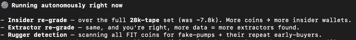 A dark screenshot of text detailing system operations, including 'Insider re-grade,' 'Extractor re-grade,' and 'Rugger detection' features running autonomously.