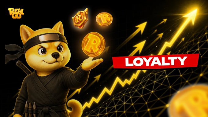 A cartoon Shiba Inu ninja character dressed in black holds up "REAL GO" branded coins amid glowing upward-trending arrows, with the word "LOYALTY" prominently displayed in a red banner, visually reinforcing the announcement about the upcoming points system update and loyalty multiplier benefits.