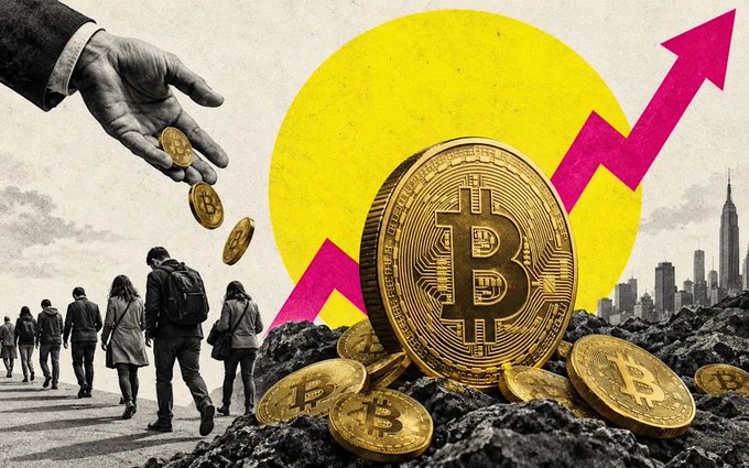 A collage-style graphic showing a hand dropping Bitcoin coins while a large Bitcoin sits on a rocky surface next to a pink upward-trending arrow and a yellow circle, with a black-and-white cityscape and walking pedestrians in the background.