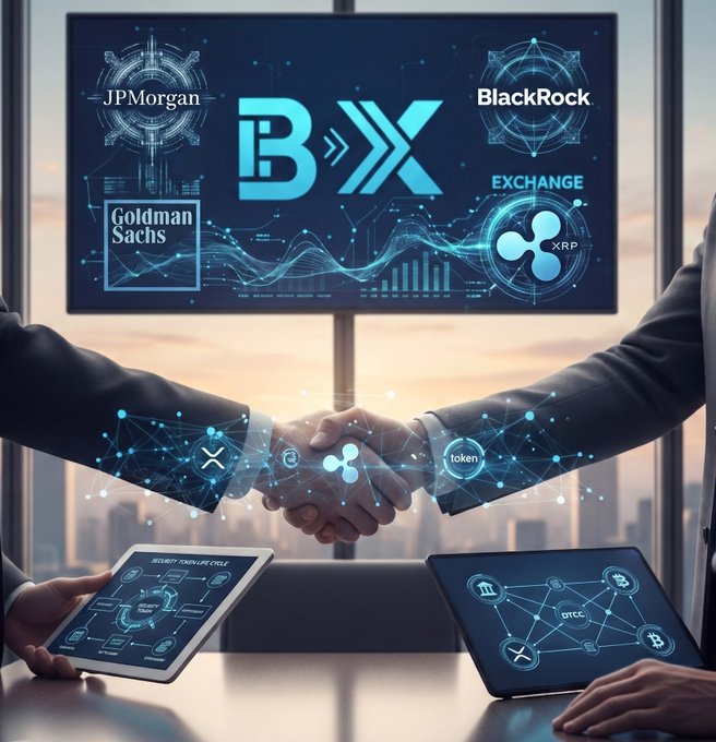 The image features two men shaking hands over a desk with several tablets, some of which have "Ripple" written on them. The background includes a large screen displaying financial graphs and logos for various companies such as Goldman Sachs, BlackRock, and Jp Morgan. The text in the image indicates that this is part of an early pilot phase for Ripple Exchange, where multiple cryptocurrency platforms are being tested to facilitate tokenization.