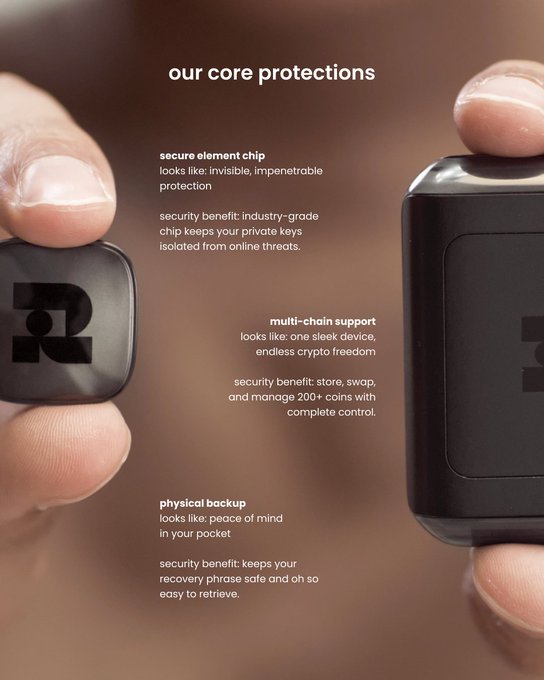 An advertisement for a hardware crypto wallet highlighting features like 'secure element chip', 'multi-chain support', and 'physical backup'.