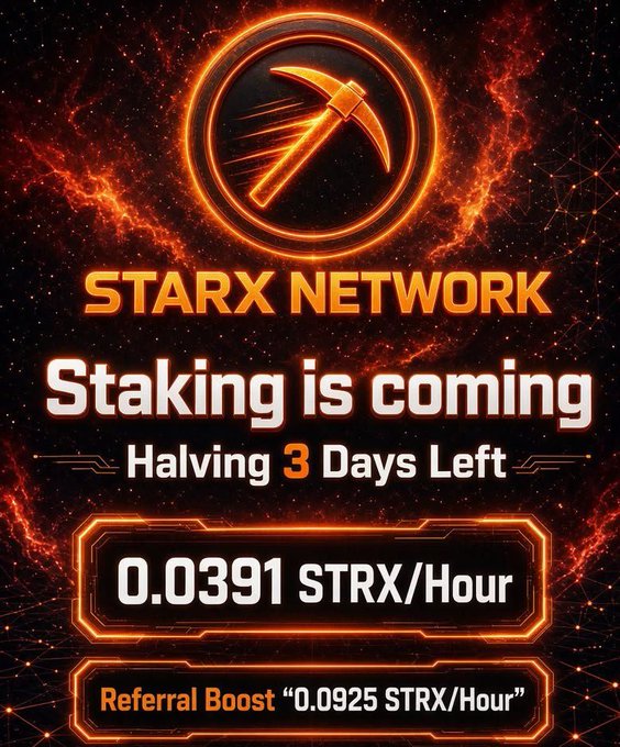 A fiery promotional graphic for StarX Network features a glowing orange pickaxe logo against a cosmic background, announcing "Staking is coming" with "Halving 3 Days Left," a base reward of "0.0391 STRX/Hour," and a referral boost of "0.0925 STRX/Hour." The bold design visually reinforces the post's call to action to extract STARX tokens before the August 19th halving event.