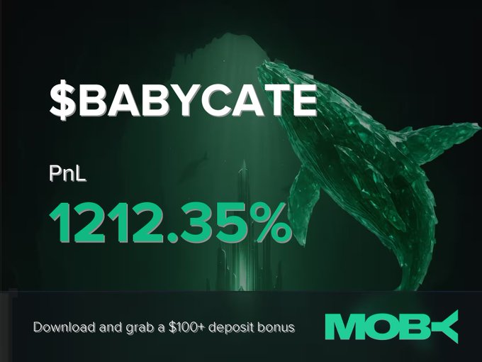 A promotional graphic for Moby Mobile featuring a green underwater scene with a crystalline whale, showcasing a trader win alert for the $BABYCATE token with an impressive PnL of +1212.35%, along with a "$100+ deposit bonus" call-to-action and the Moby logo.