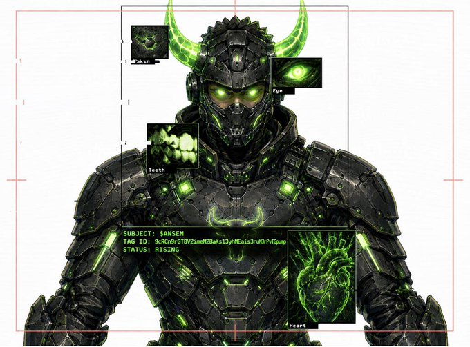 A menacing armored figure with glowing green horns, eyes, and a heart is displayed in a forensic-style breakdown chart labeled "SUBJECT: SANSEM" with tag ID "B0RcHbGTBV2imeMQAsl3yMMEais3rvGhV6qup" and status "RISING," visually reinforcing the meme's lore and iconic aesthetic tied to the $ANSEM token.