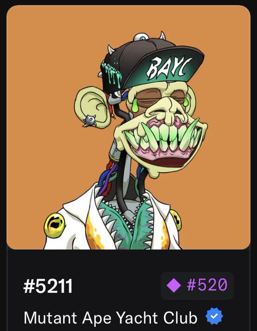 A digital illustration of a zombie-like ape character with green drool and a 'BAYC' hat, labeled '#5211 Mutant Ape Yacht Club' with a verified checkmark.