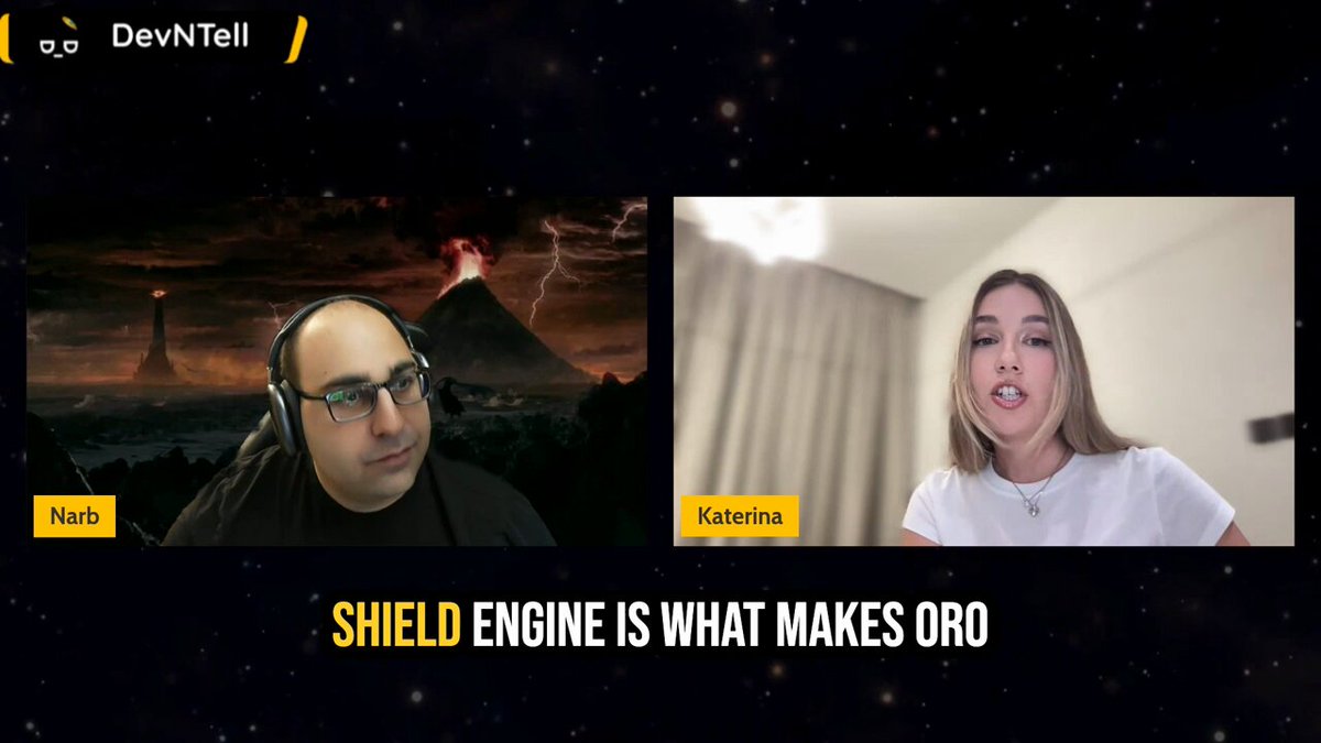 The image shows two people having a video call with their faces displayed on separate screens. The person on the left has a headset on while talking, indicating they are actively engaged in the conversation. The other person appears to be listening attentively or waiting for their turn to speak. The background of both screens features a dark sky and stars, creating an atmosphere that complements the video call experience.