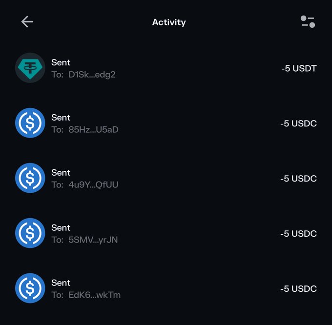 A screenshot of a crypto wallet's Activity tab showing 5 outgoing transactions of $5 each (one -5 USDT and four -5 USDC) sent to different addresses (D1Sk...edg2, 85Hz...U5aD, 4u9Y...QfUU, 5SMV...yrJN, EdK6...wkTm), confirming the giveaway mentioned in the post where 5 mutuals were sent $5 each.