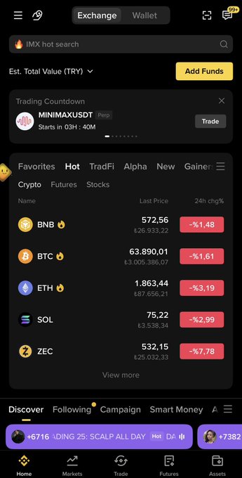 A cryptocurrency exchange app screen (Turkish lira) showing a 'MINIMAXUSDT' perpetual trading countdown and favorites including BNB (₺26,933.22), BTC (₺3,005,386.07), ETH (₺87,656.21), SOL, and ZEC, all trading down.