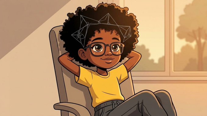 An animated illustration of a young boy with curly hair and glasses wearing a cat ear headband, sitting in a chair with his hands behind his head, smiling.