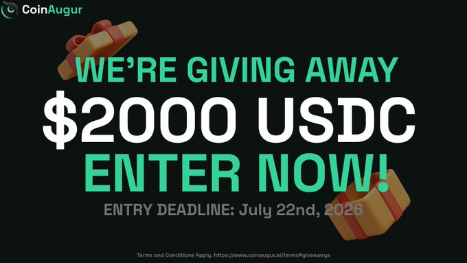 A CoinAugur promotional graphic announcing a $2000 USDC giveaway with an entry deadline of July 22nd, 2026, featuring gift box illustrations. The caption pairs with an announcement that the original winner could not be reached and will be re-rolled soon, so participants should monitor the email used to sign up on CoinAugur.