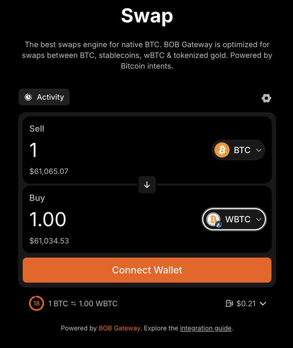 The image shows a page with the Bitcoin swap feature displayed, which allows users to convert one Bitcoin into another or vice versa. The main focus is on the two buttons - one for buying 1 Bitcoin (worth $1.00) and the other for trading 1 Bitcoin into wBTC, represented by the symbol WBTC.