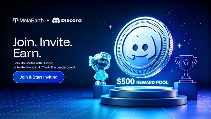A promotional graphic for the Meta Earth Discord referral campaign showcases a large $500 reward pool coin alongside a 3D astronaut and trophy, featuring the headline "Join. Invite. Earn." and a "Join & Start Inviting" call-to-action button—visually reinforcing the campaign's promise of earning USDT rewards by climbing the leaderboard through successful referrals.