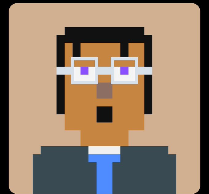 A pixel art avatar of a person with dark hair, white-framed glasses with purple lenses, brown skin, and a blue tie over a dark shirt.