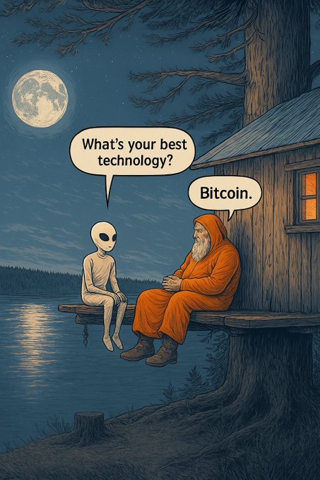A cartoon depicts an alien sitting on a dock at night asking an old bearded man in an orange robe, 'What's your best technology?' to which the man replies, 'Bitcoin.'