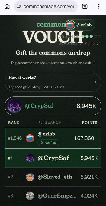 A mobile screenshot of commonsmade.com showing a 'VOUCH SERIES' airdrop leaderboard ranking users like @xzlab and @CrypSaf by points.