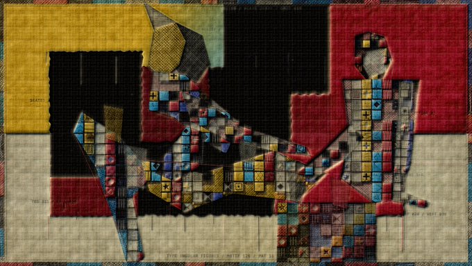 An abstract mixed-media artwork featuring two figures composed of small colorful geometric squares, set against a background of textured red, black, and yellow panels with fragments of printed text.