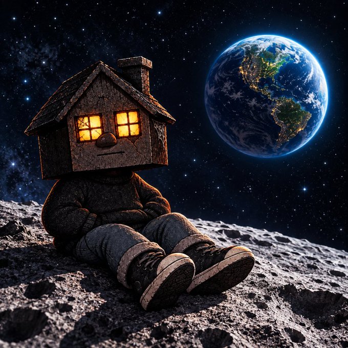 A digital artwork depicts a whimsical figure with a small, lit house for a head sitting on a rocky lunar surface, gazing at planet Earth suspended in a starry space background.