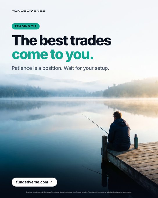 A trading tip advertisement from fundedverse.com reads 'The best trades come to you. Patience is a position. Wait for your setup.' over an image of a man fishing on a misty lake.