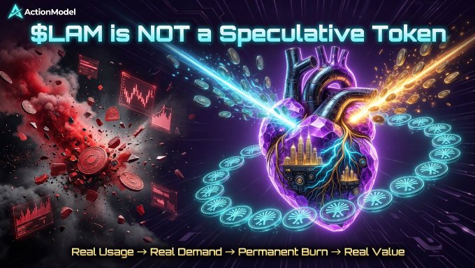 The image features an illustration of a heart with a sword inside, surrounded by red flames. The background of the image is dark purple, creating a dramatic effect. Below this scene, there's text that reads "Why $LAM is not a speculative token". This text is accompanied by a graphic design depicting a heart and a sword, symbolizing the speculative nature of tokens in Web3. The caption below the illustration explains that unlike traditional tokens, $LAM is built to focus on real-world usage rather than speculation based on hype or market trends.