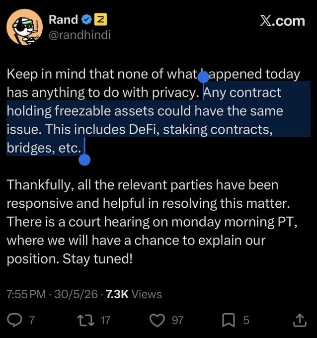 The image features a social media post with a black background displaying a text message or tweet from a user named RandZ. The main focus of the post is related to the cryptocurrency world, discussing issues such as privacy concerns with contract agreements and the illusion of decentralization breaking down in front of users' eyes.
