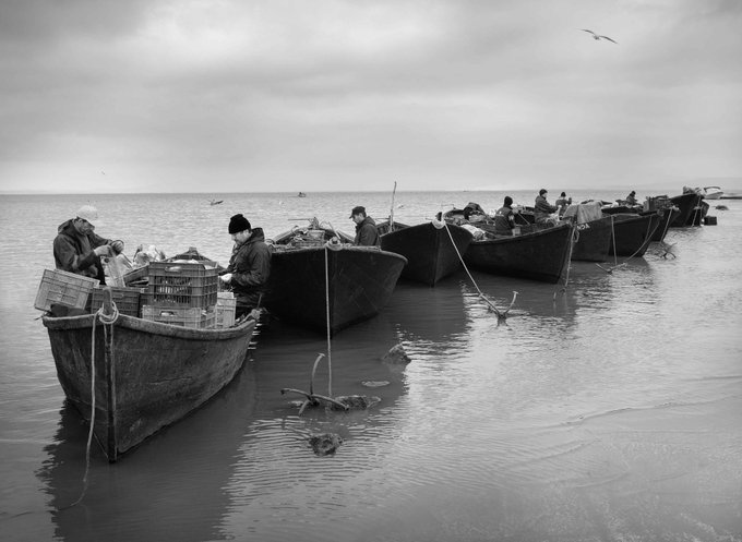 A black and white photograph showing multiple small fishing boats lined up in shallow water with fishermen in heavy coats, under an overcast sky with a bird flying overhead.