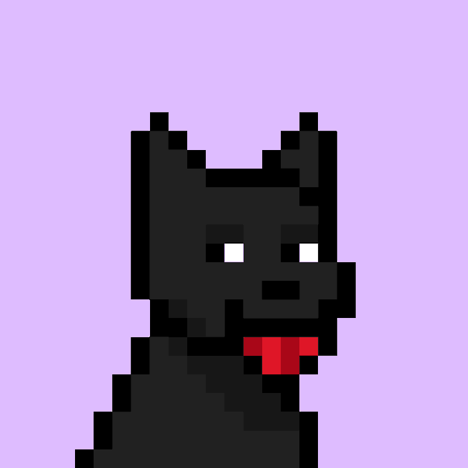 A pixel art image of a black cat with bright white/yellow eyes and a red tongue, set against a light purple background.