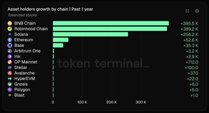 A Token Terminal bar chart titled "Asset holders growth by chain | Past 1 year" for tokenized stocks shows BNB Chain leading with +395.5K new holders, followed closely by Robinhood Chain (+389.2K) and Solana (+256.2K), with Ethereum (+52.6K), Base (+35.3K), and other chains like Arbitrum One, Ink, and OP Mainnet trailing behind, visually supporting the post's claim that BNB Chain topped holder growth over the past year.