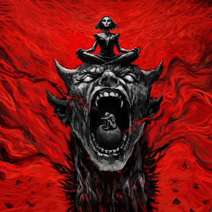 A dramatic, dark fantasy illustration featuring a meditating humanoid figure sitting atop a massive, roaring demonic head with a smaller figure trapped inside its open mouth, all set against a swirling red background.