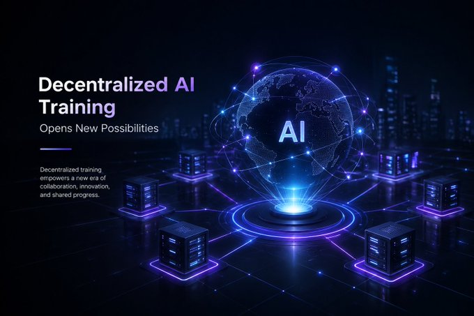 A dark blue tech-themed promotional graphic titled 'Decentralized AI Training - Opens New Possibilities', featuring a glowing blue globe with 'AI' in the center connected by light beams to server nodes on a circuit board.
